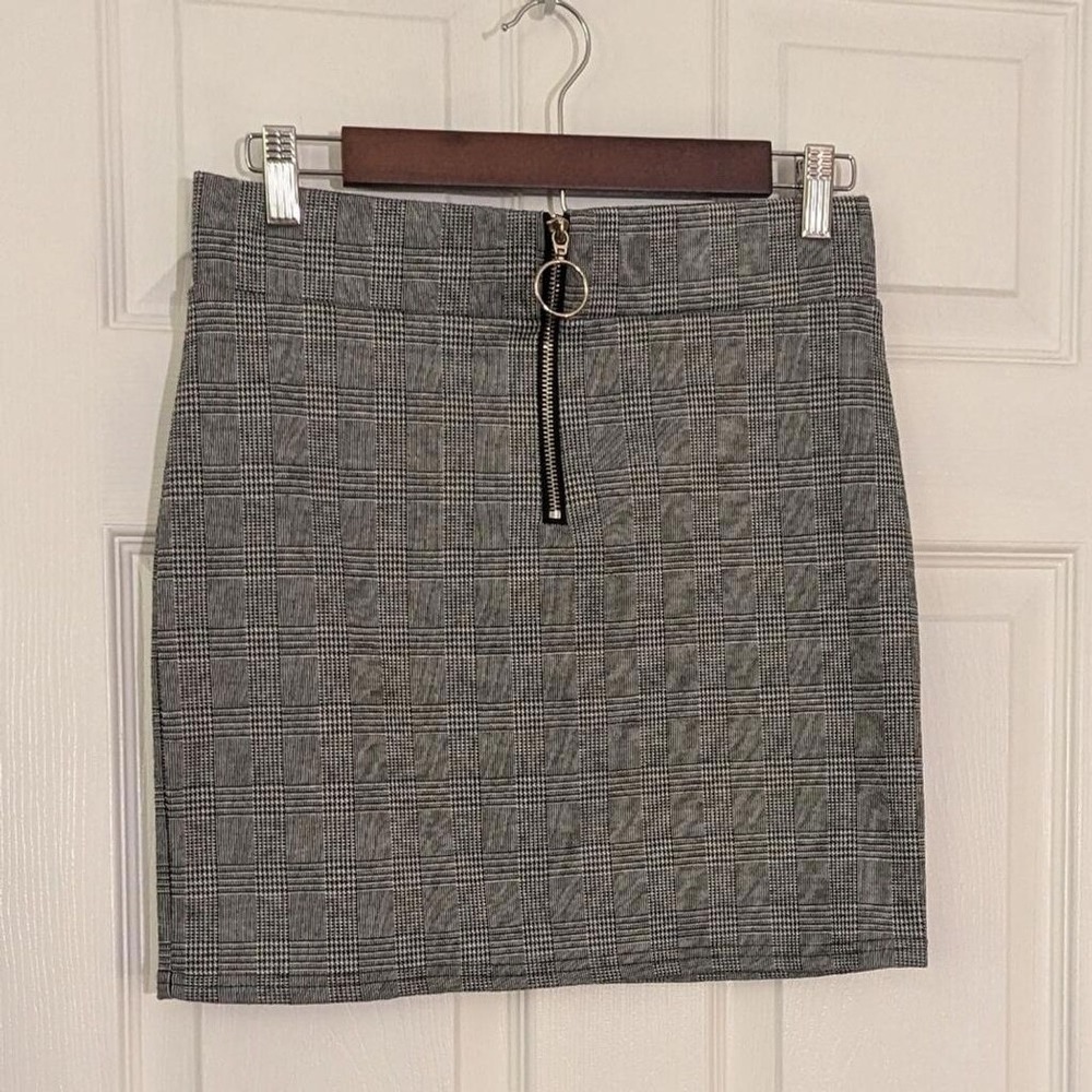 Revamped Mini Skirt Grey Glen Plaid Ring Zip Front Sz L Edgy Chic Minimalist